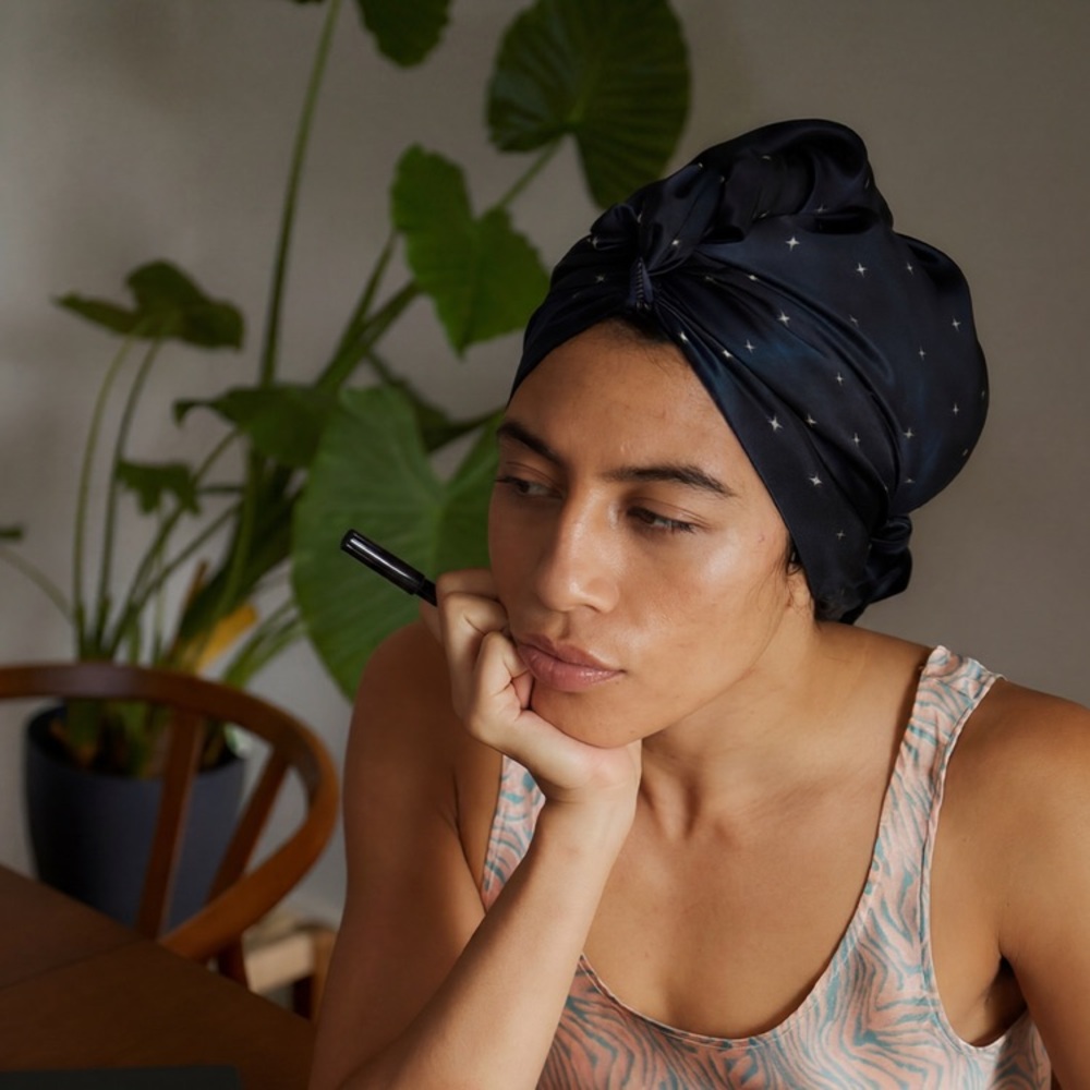Paradise Fold Intimacy Tales Fold Midnight-Sky + Caviar Mulberry Silk Hair Wrap